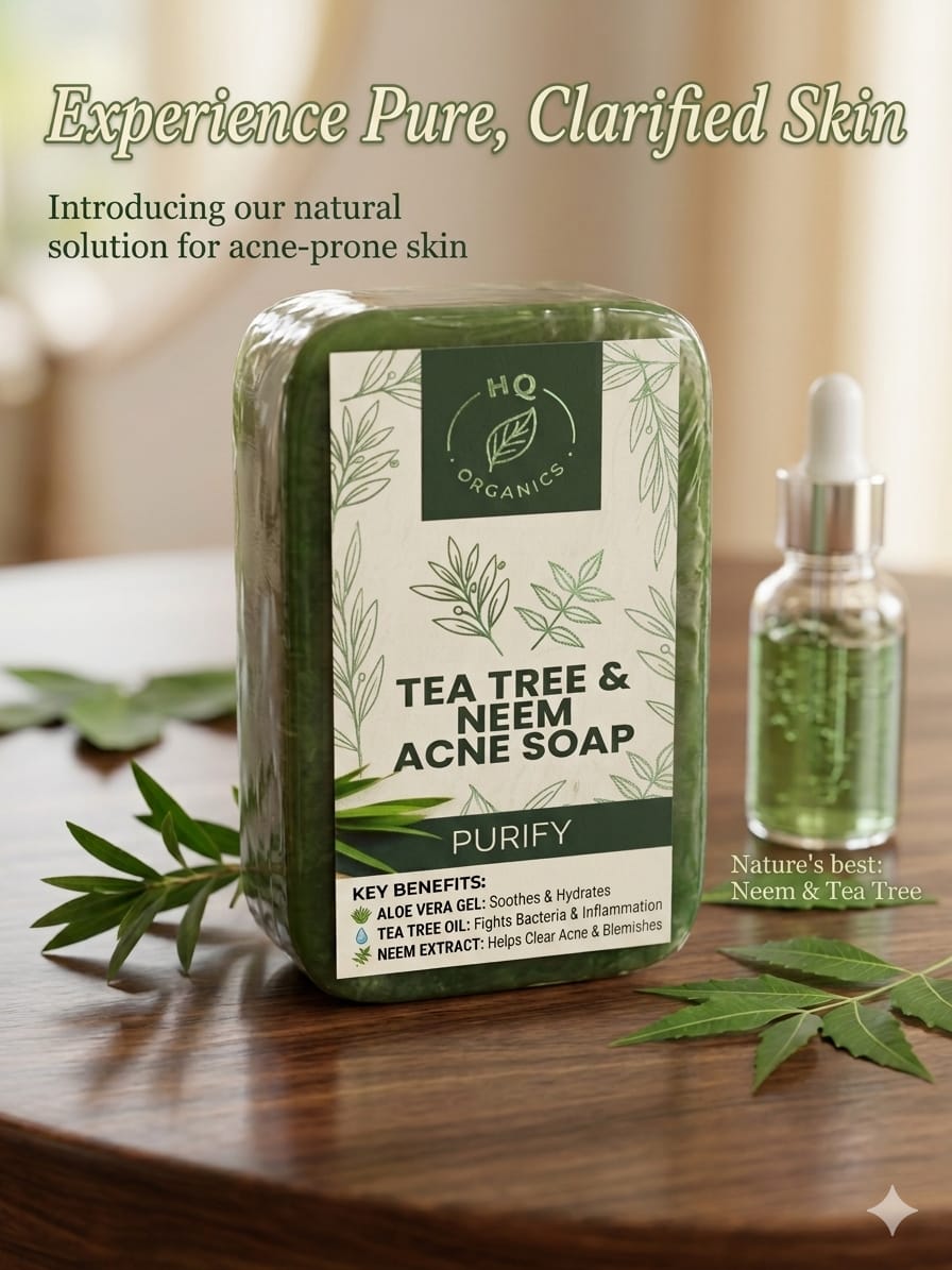 Tea Tree & Neem Acne Soap | Purifying Herbal Soap for Acne-Prone Skin | HQ Organics